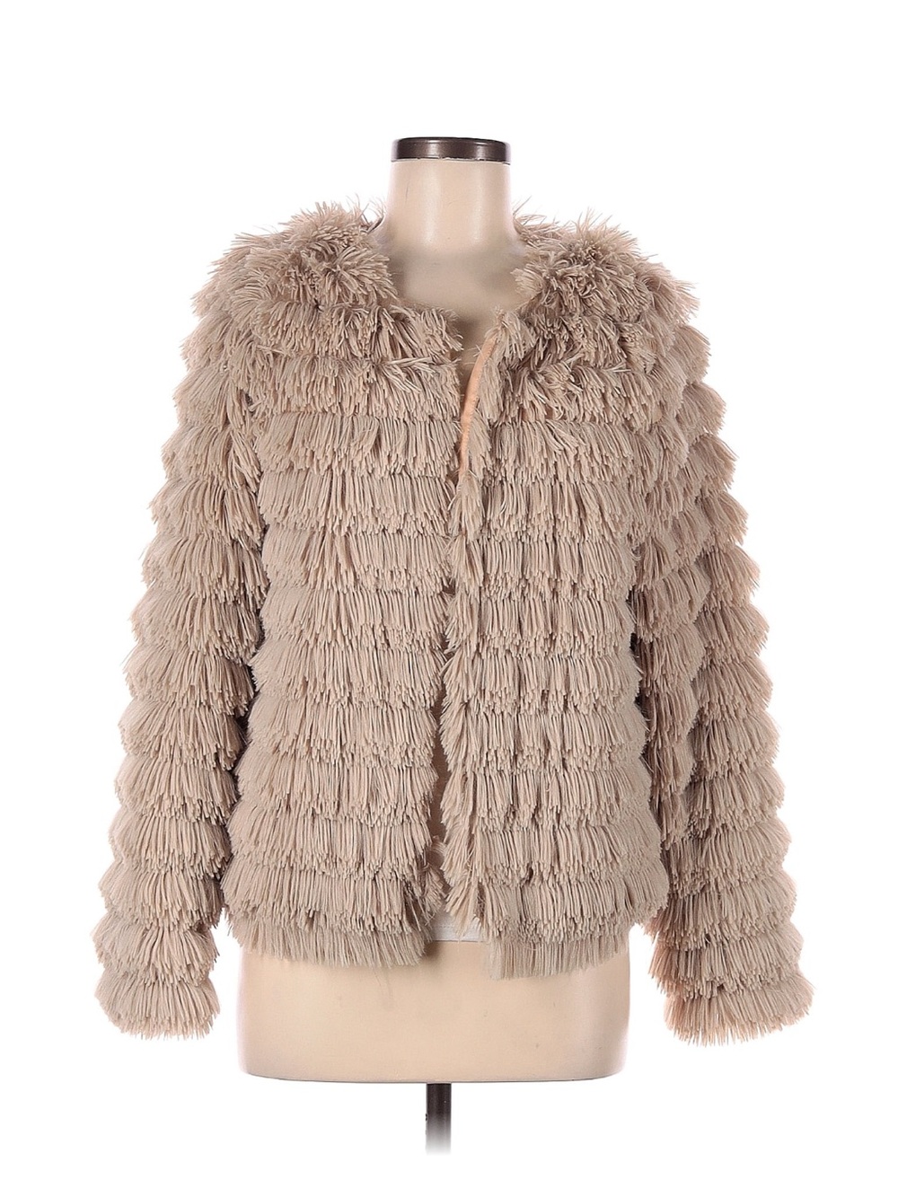 Beige Fringe Faux-Fur Jacket - Women